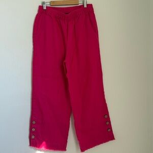 Ali Miles Wide Leg Linen Pants Women's M Pink Frayed Button Detail